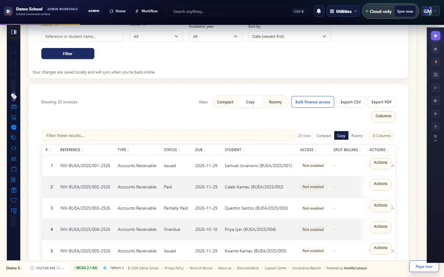The invoice list with paid, partly paid, issued and overdue invoices and their balances.
